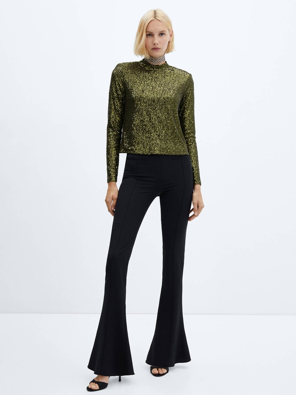 Mango Olive Green Sequin Mock-Neck Top